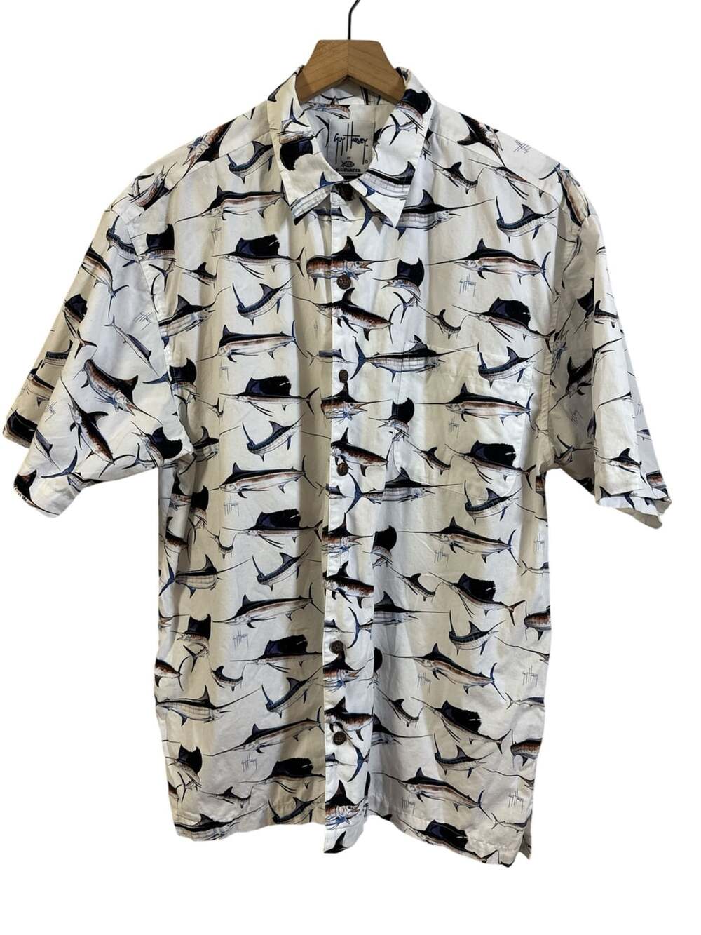 Guy Harvey Button Down Shirt Size L Marlin Fish Print Short Sleeve White